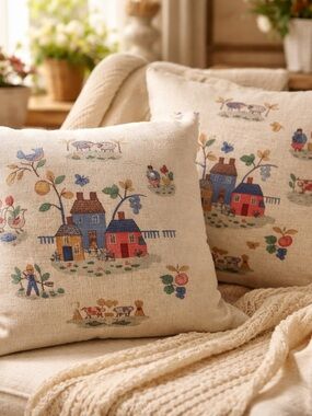 Cottagecore Linen Pillow Covers 18x18 Beige Farmhouse Village Scene Neutral Set
